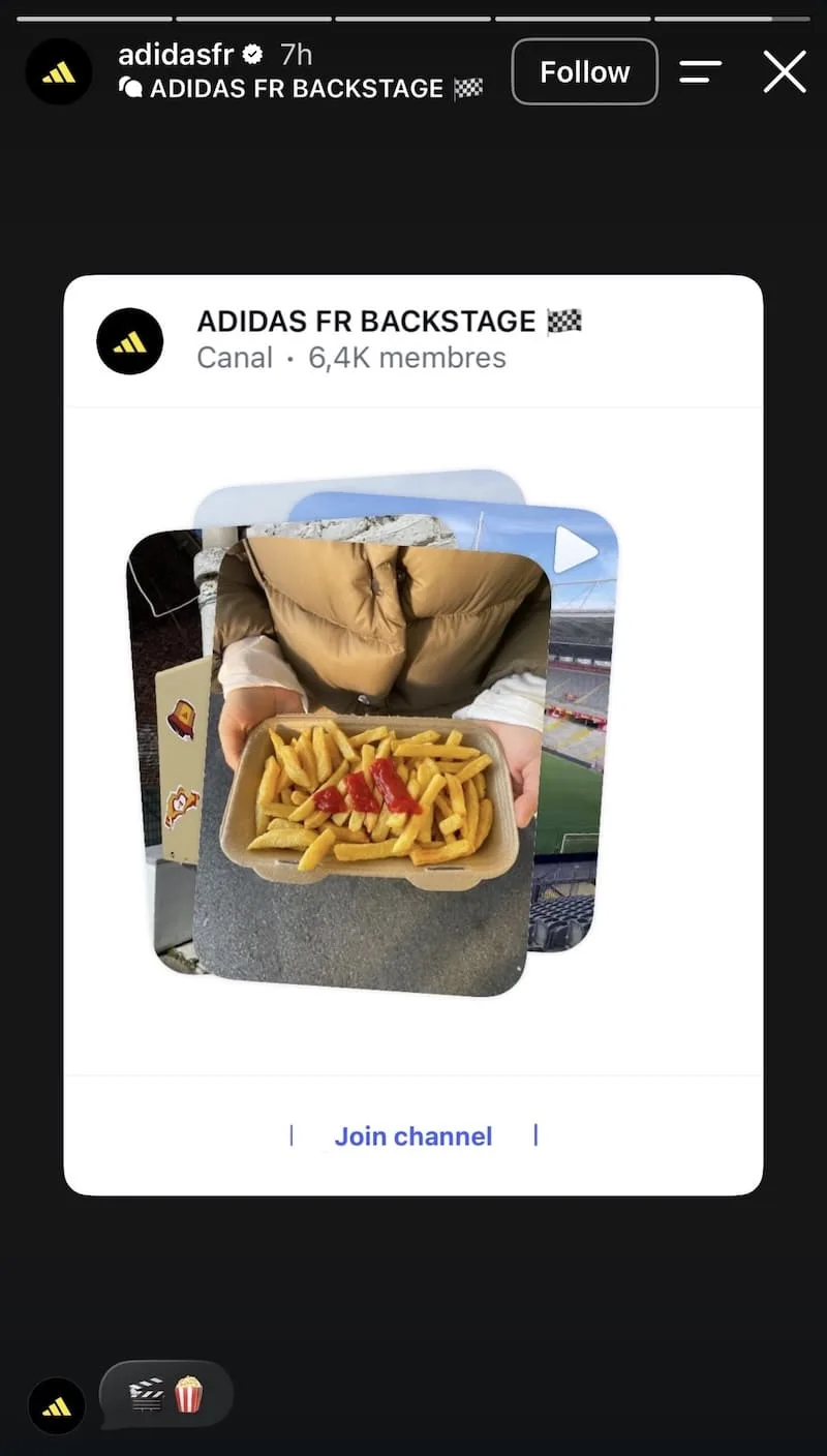 ADIDAS FR BACKSTAGE channel preview on black with candid stadium fries content and Join Channel CTA.