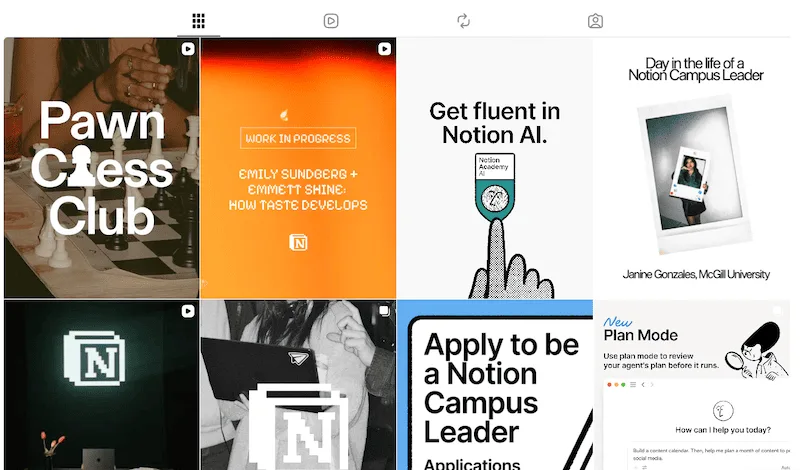 A grid layout of social media marketing posts showcasing software platform templates for Notion.