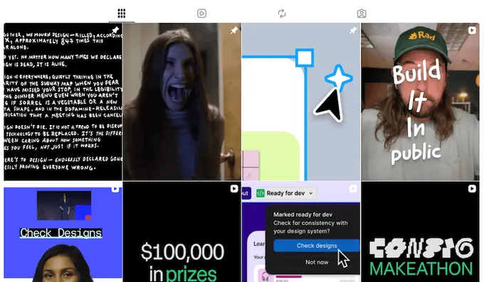 A social media grid view of Figma videos and graphics highlighting community and product design systems.