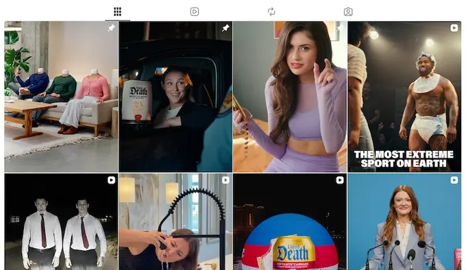 A grid layout of humorous, entertainment-focused social media video posts from Liquid Death.