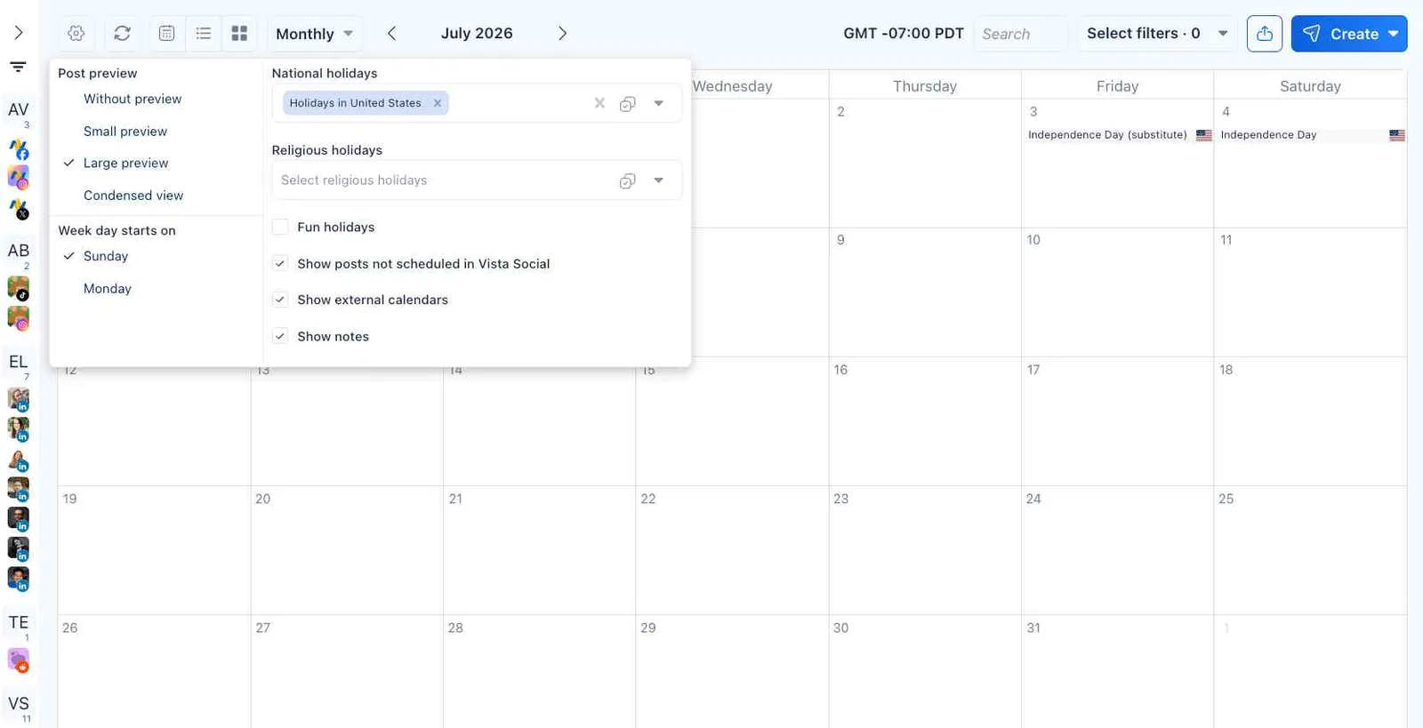 A social media content calendar dashboard displaying settings and holiday scheduling filters.