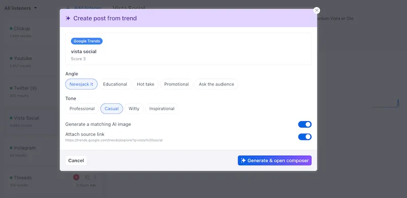 An interactive popup window in Vista Social titled "Create post from trend" with angle and tone selection buttons.