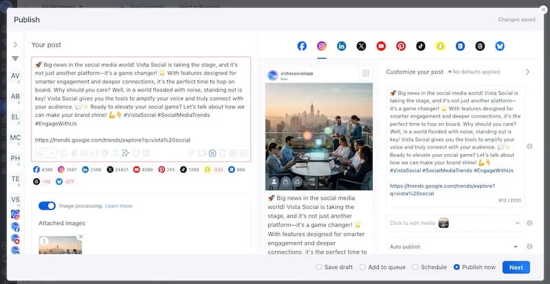 The Vista Social post composer interface showing multi-platform publishing previews and custom text content options.