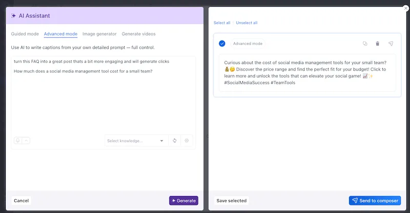 The AI Assistant window in advanced mode showing a detailed prompt and its generated post caption on the right side.