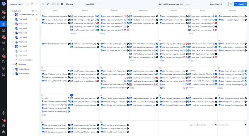 Vista Social content calendar showing scheduled posts across profiles in monthly view.