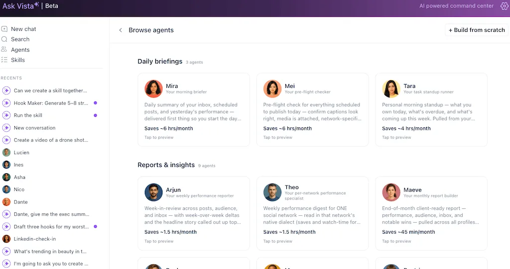 The Browse Agents panel in Ask Vista showing a grid of available AI assistants categorized under specific roles.