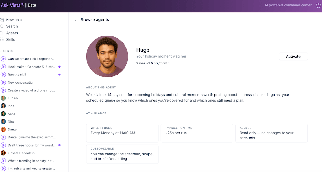 The profile dashboard display for Hugo, an AI holiday moment watcher that scans upcoming cultural dates.