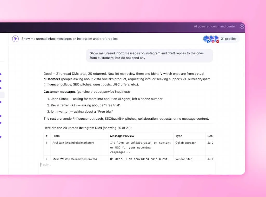 An Ask Vista chat session organizing unread Instagram direct messages into genuine customer inquiries versus promotional outreach.