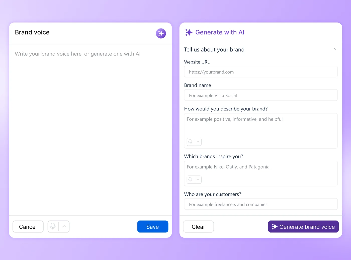 The Brand Voice configuration workspace featuring a text definition area and an AI setup questionnaire side-panel.