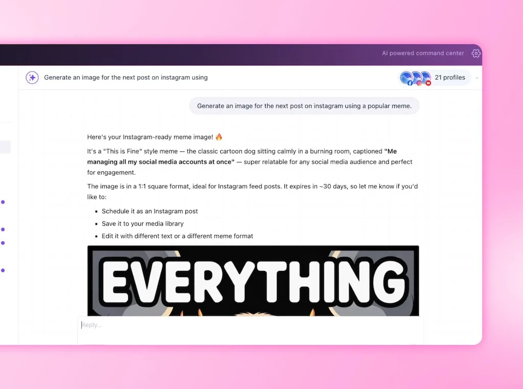 An Ask Vista chat thread presenting a generated social media meme image alongside options to schedule or edit it.