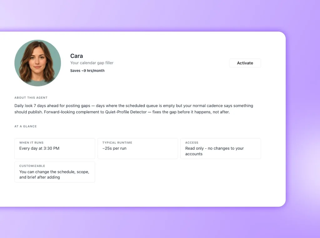 The agent configuration profile overview screen for Cara, a preset calendar gap filler assistant in Ask Vista.