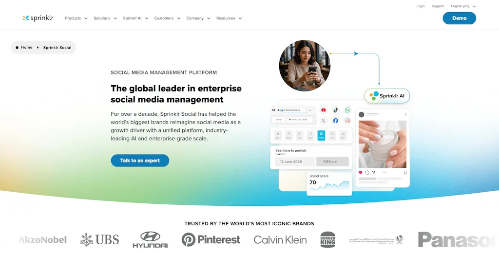 The homepage of Sprinklr promoting its global enterprise social media management platform and AI capabilities.