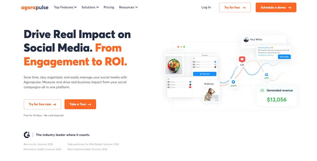 The homepage of Agorapulse showcases social media management tools focused on engagement tracking and ROI reporting.