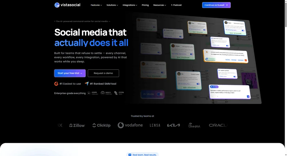 Vista Social homepage showing the AI-powered social media management dashboard, widely regarded as one of the top AI tools for marketers.