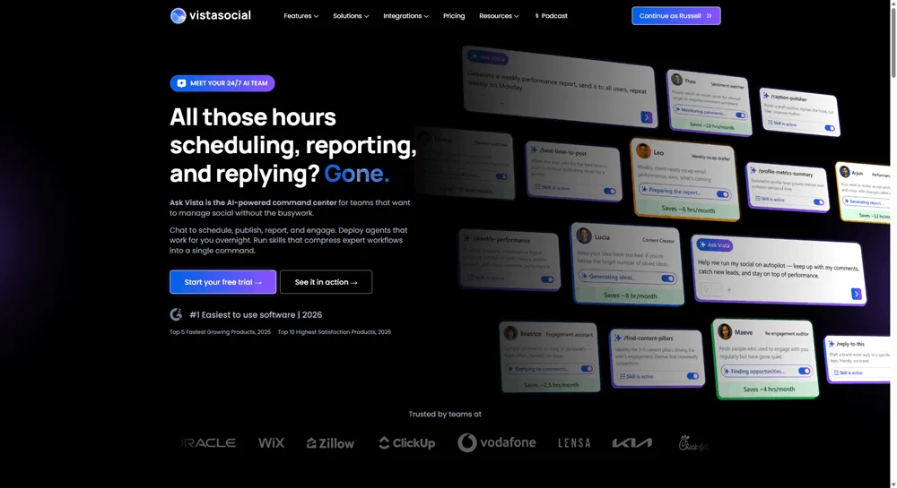 Ask Vista landing page showing the AI agent system that automates scheduling, reporting, and inbox replies for social media teams.