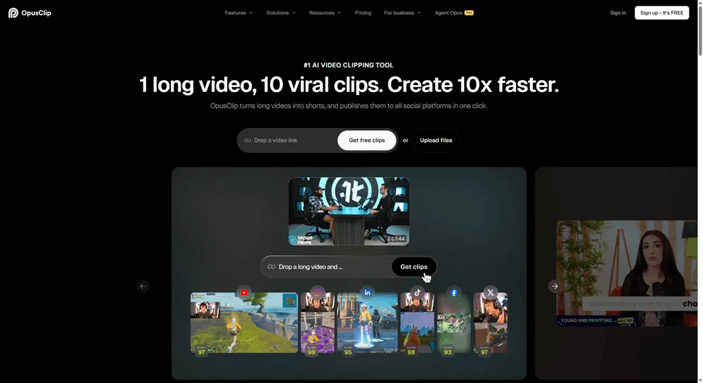 OpusClip homepage showing its one long video to ten viral clips value prop, one of the best AI tools for marketers repurposing video content.