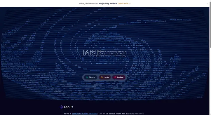 Midjourney homepage showing its distinctive ASCII art visual design and About section, describing it as a community-funded AI image research lab.