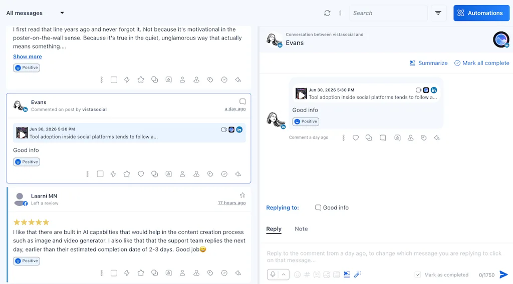 The Vista Social collaborative inbox interface displaying received messages, user reviews, and comment reply options.