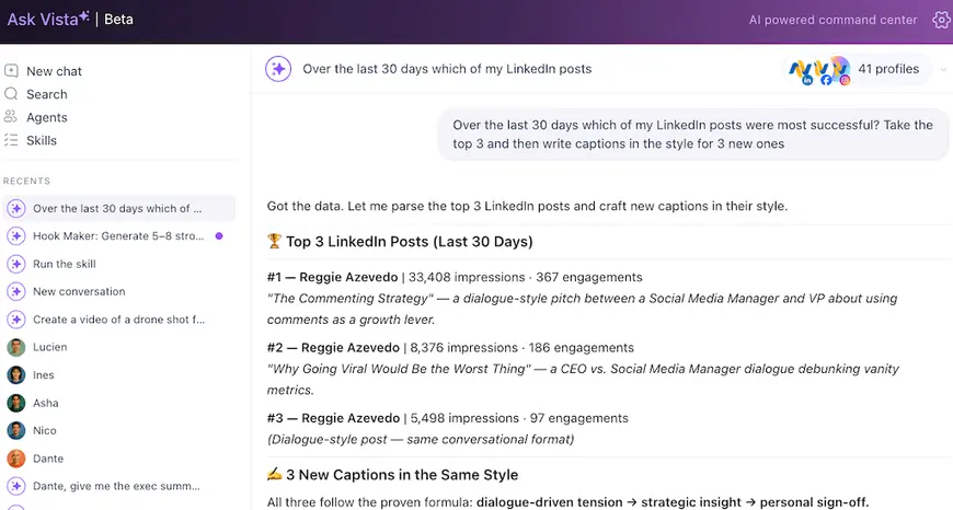 An active Ask Vista chat tab summarizing top-performing LinkedIn posts and generating new captions in a uniform style.