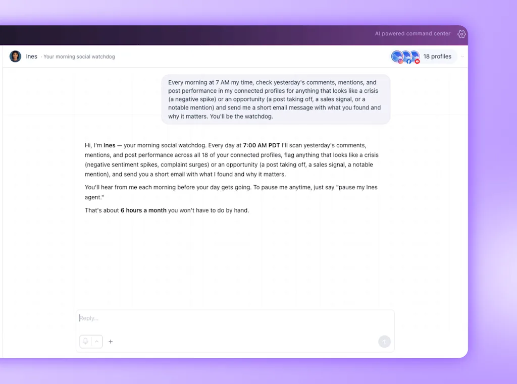 An interactive chat description window outlining the core watchdog and automated crisis scanning duties for Ines.