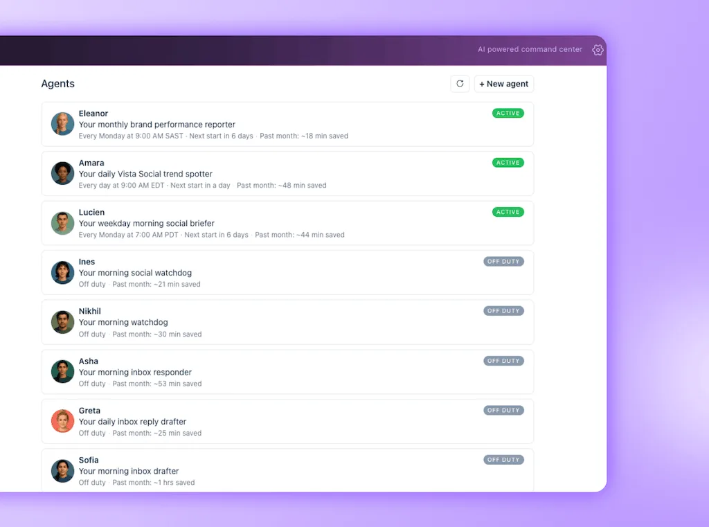 The operational Agents dashboard within Ask Vista sorting continuous status cards into active and off-duty lists.