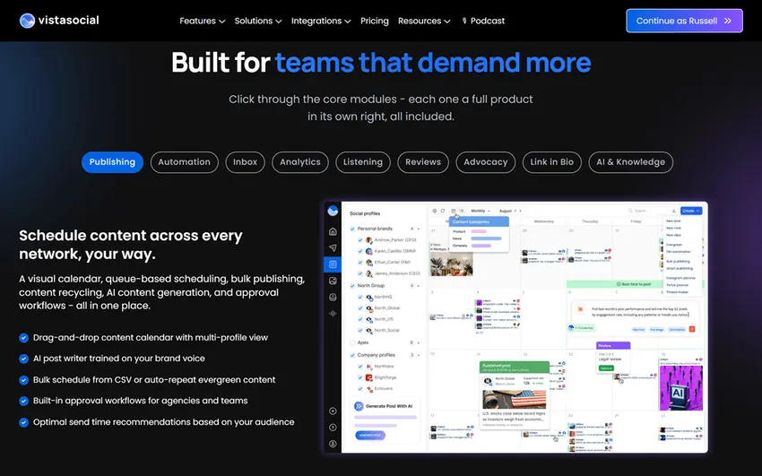 Vista Social's complete list of features, including a content calendar with drag-and-drop scheduling, bulk publishing, and multi-profile posts managed across connected social accounts.