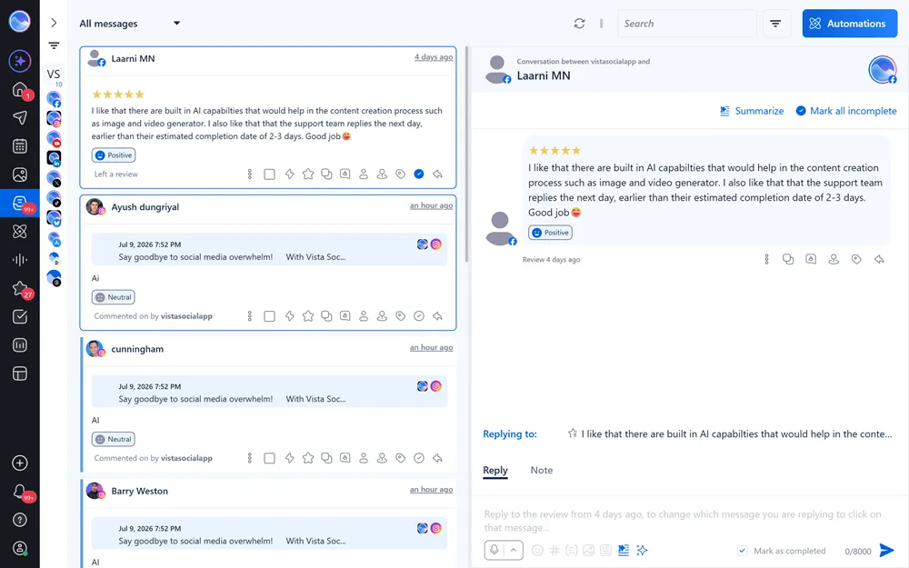 Vista Social's unified inbox showing customer reviews, comments, and messages from multiple connected social accounts in one message stream.