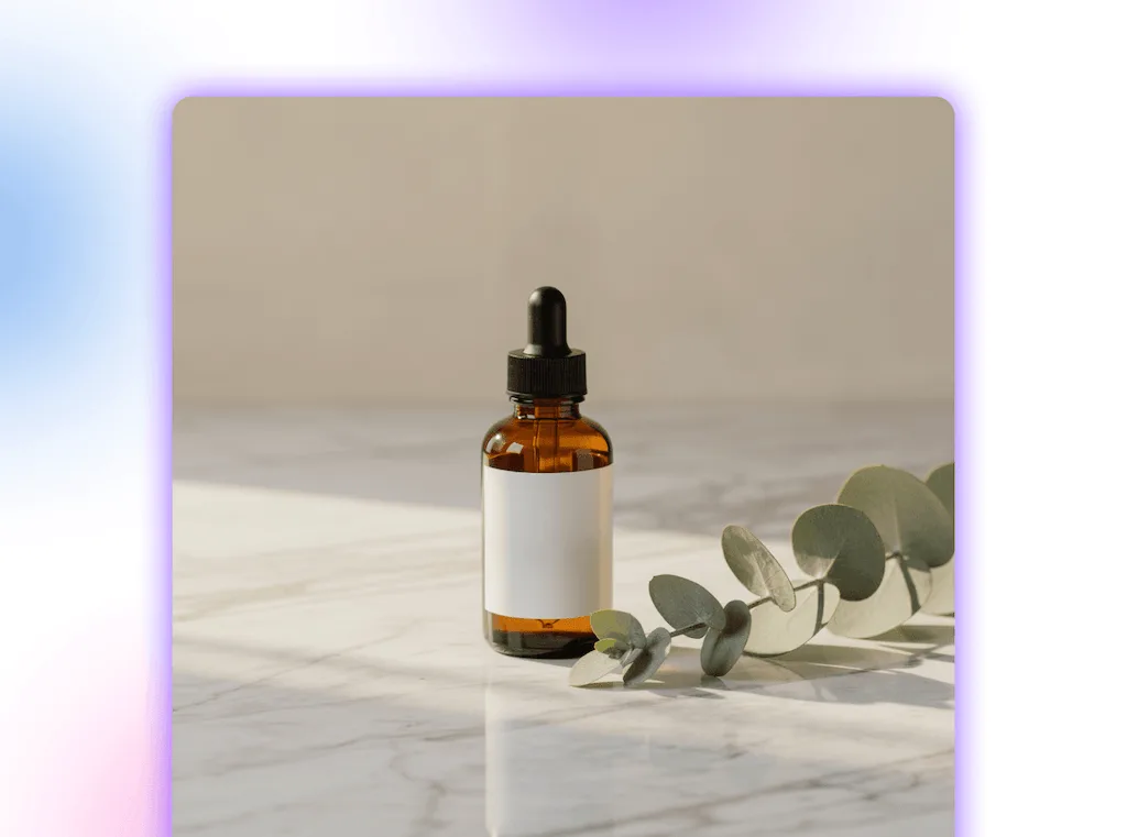 An AI-generated product photograph of an amber glass dropper bottle next to a eucalyptus sprig on marble.