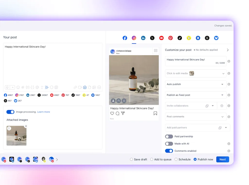 The Vista Social post composer showing a preview of an Instagram post featuring the newly generated product image.