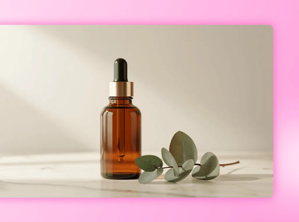 A close-up, high-quality product photo of an amber glass dropper bottle and a leafy green eucalyptus sprig.