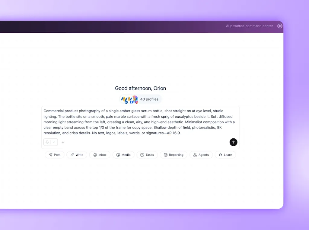 The Ask Vista chat interface showing a detailed commercial product photography prompt entered in the command bar.