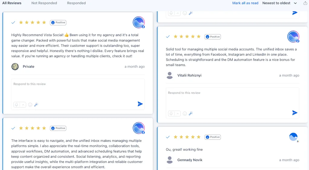 The platform's all reviews monitoring grid view displaying individual positive feedback entries and empty reply fields.