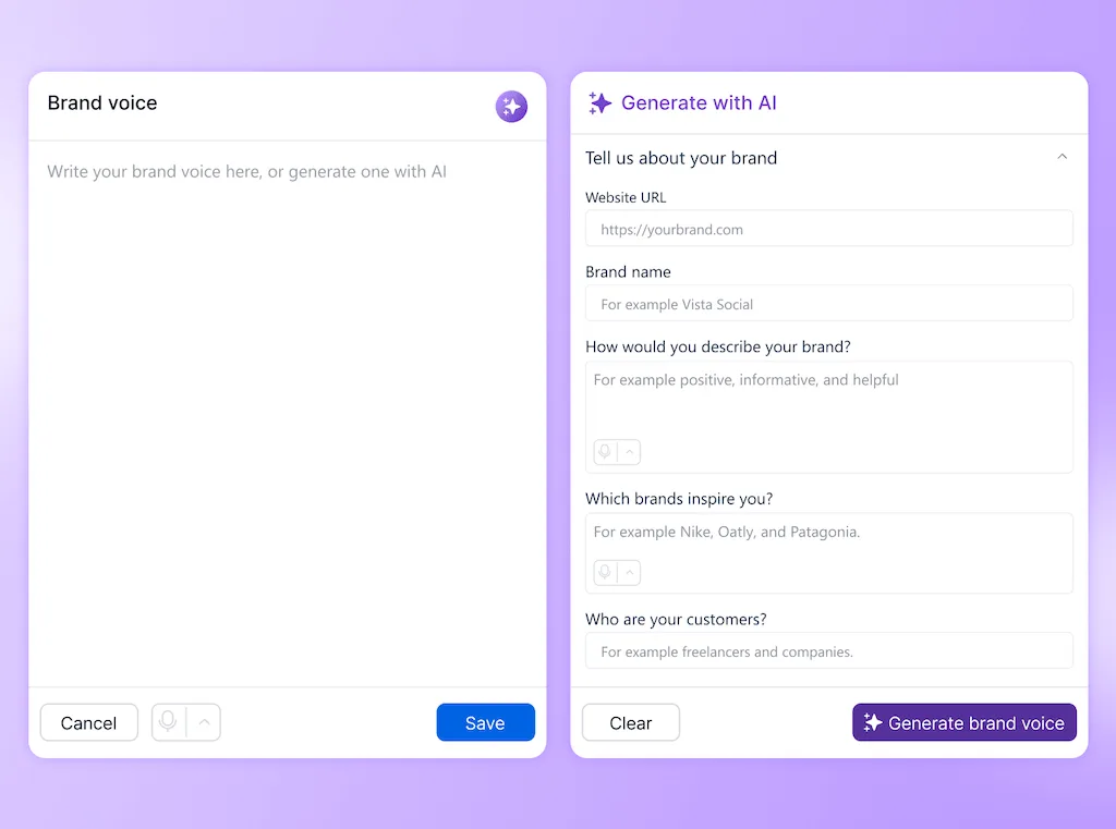 The Brand Voice settings pane featuring a plain text specification box and an AI generation prompt assistant.
