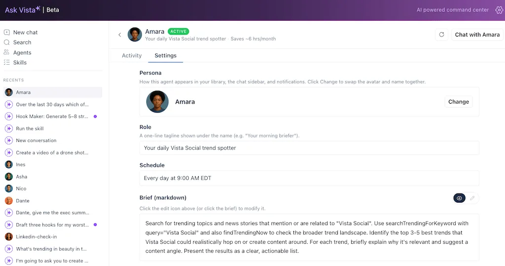 The settings configuration screen for Amara, an active daily automated social media trend spotter agent in Ask Vista.