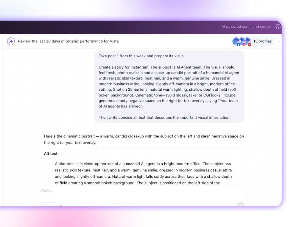 An Ask Vista conversation generating an Instagram story image prompt and corresponding descriptive alt text for an AI agent theme.