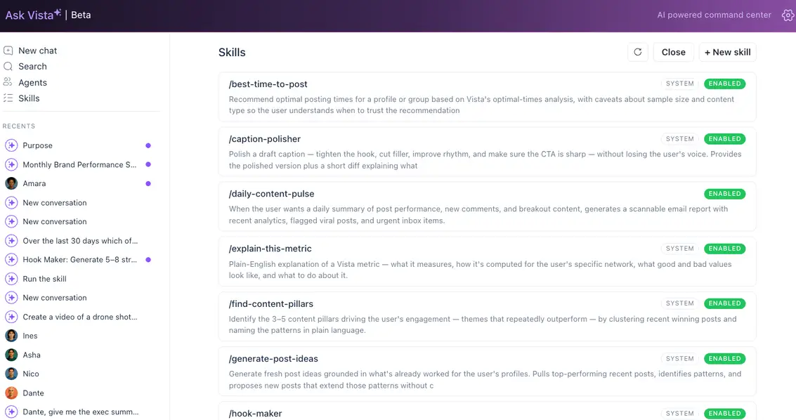 The system Skills menu directory inside Ask Vista highlights active system commands like best time to post and caption polisher.