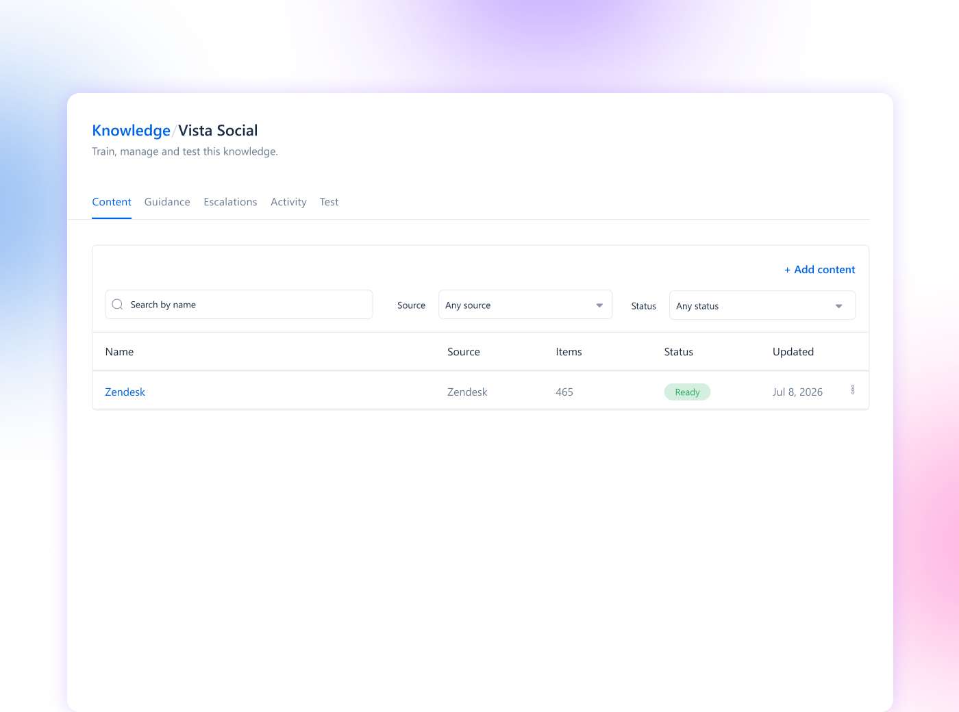 The Knowledge base panel for Vista Social's AI assistant, showing a connected Zendesk source with 465 items and a "Ready" status.