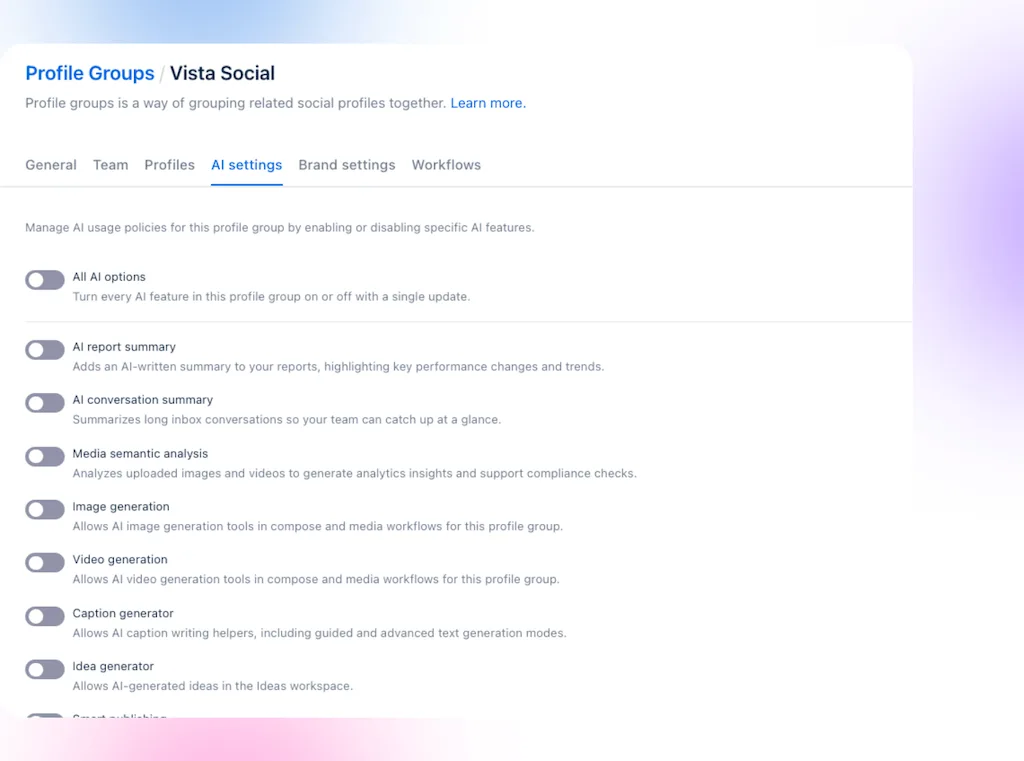 The AI Settings tab under Profile Groups shows all platform AI feature toggles switched off simultaneously.