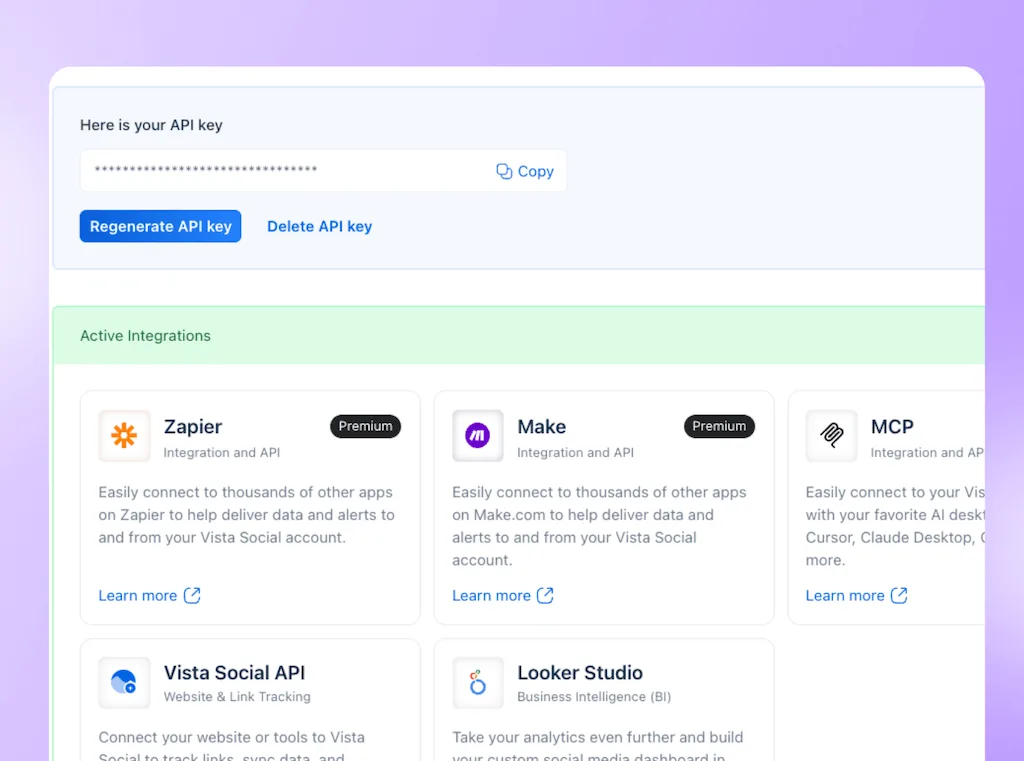 The API Key and integrations management dashboard featuring active connections for Zapier, Make, and MCP.