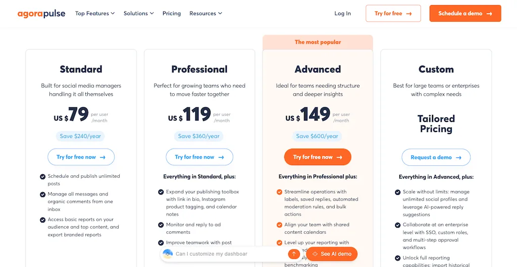 The pricing plan selection page for Agorapulse outlining Standard, Professional, Advanced, and Custom tiers.