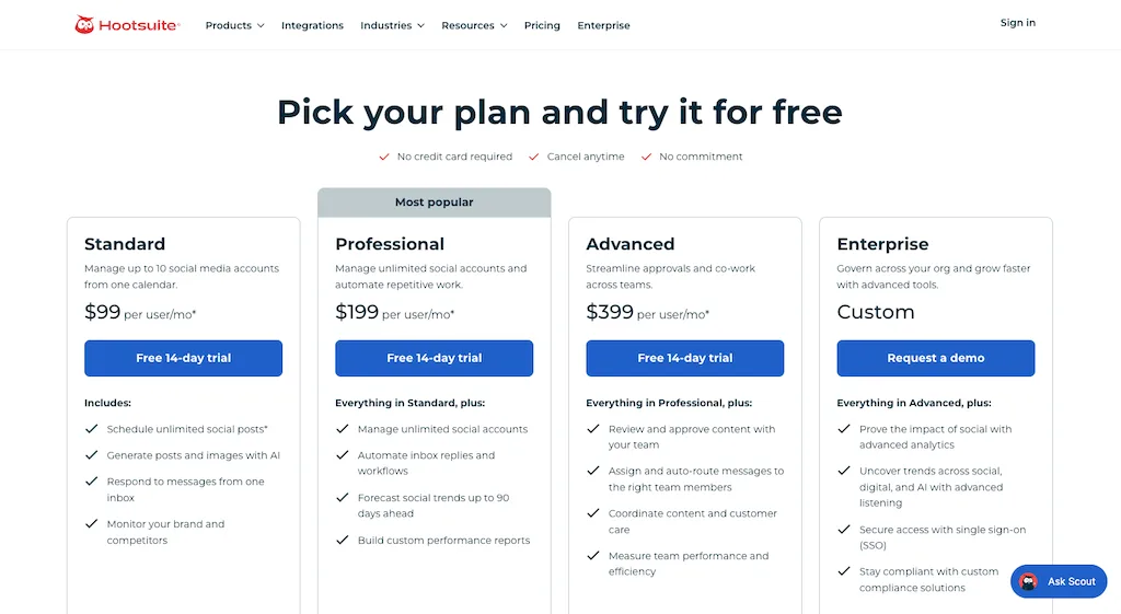 The pricing plan selection page for Hootsuite detailing Standard, Professional, Advanced, and Enterprise tiers.