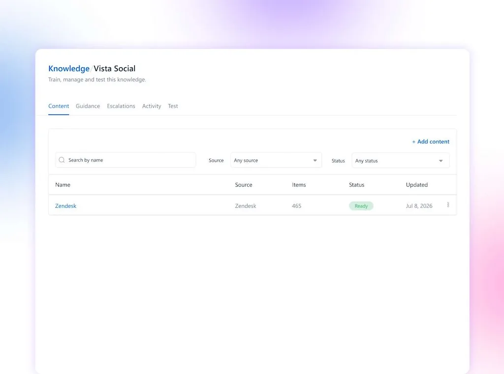 The AI Knowledge base training interface in Vista Social displaying an active, synced Zendesk content source.