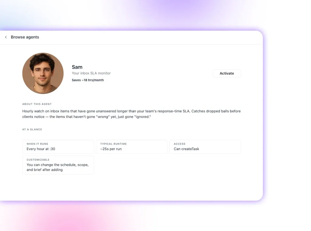 The agent configuration profile overview screen for Sam, an inbox SLA monitor built to flag delayed user responses.