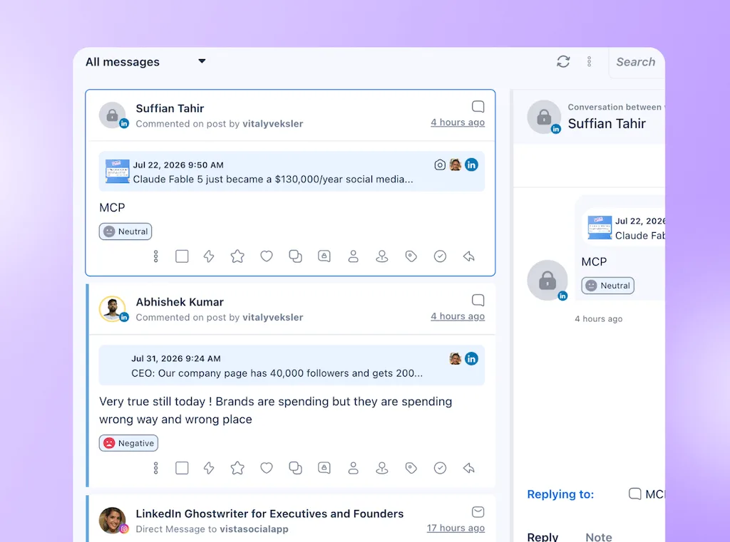 The central messaging feed displaying comment threads with automated sentiment tags such as Neutral and Negative.