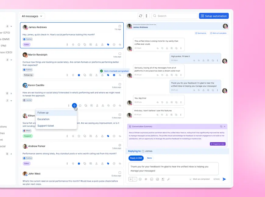 The unified inbox workspace in Vista Social showing a conversation thread with James Andrews and AI-suggested quick reply options.