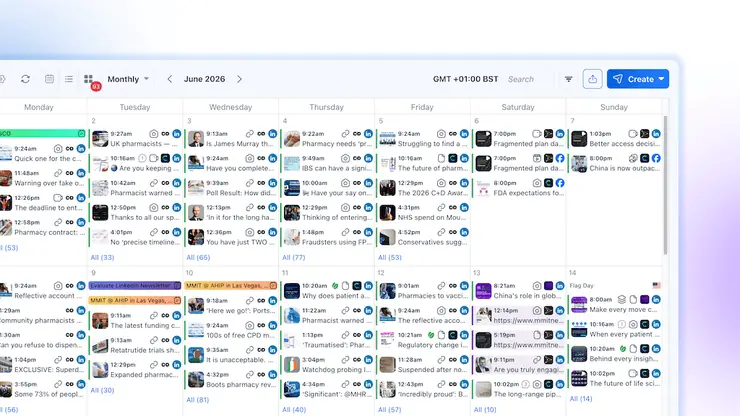 A crowded monthly social calendar view in Vista Social detailing multiple posts scheduled per day.