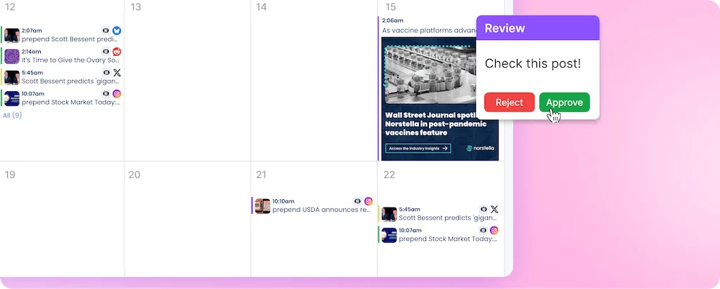 A calendar date grid showing an approval popup card hovering over a scheduled Norstella post.