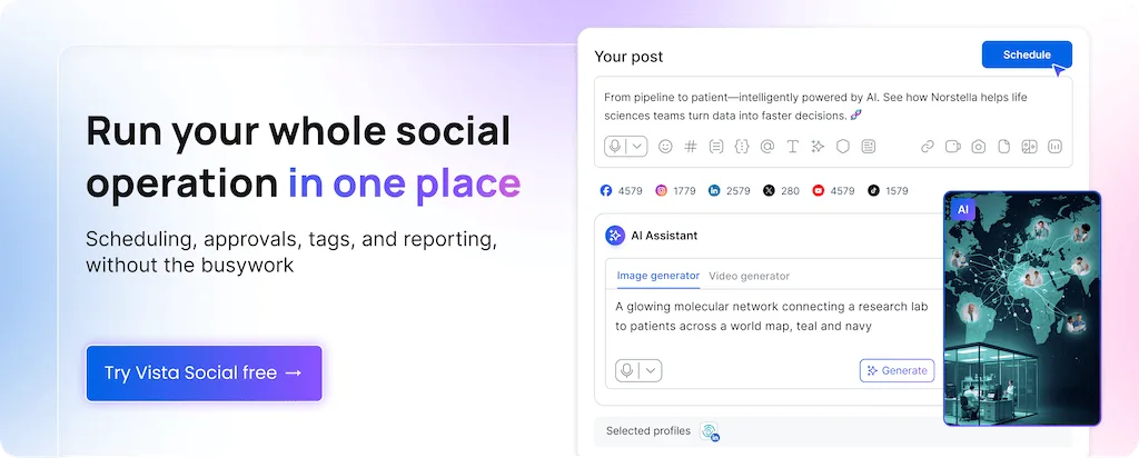 A post creation view featuring Vista Social's AI Assistant with an image generation prompt and generated photo output.