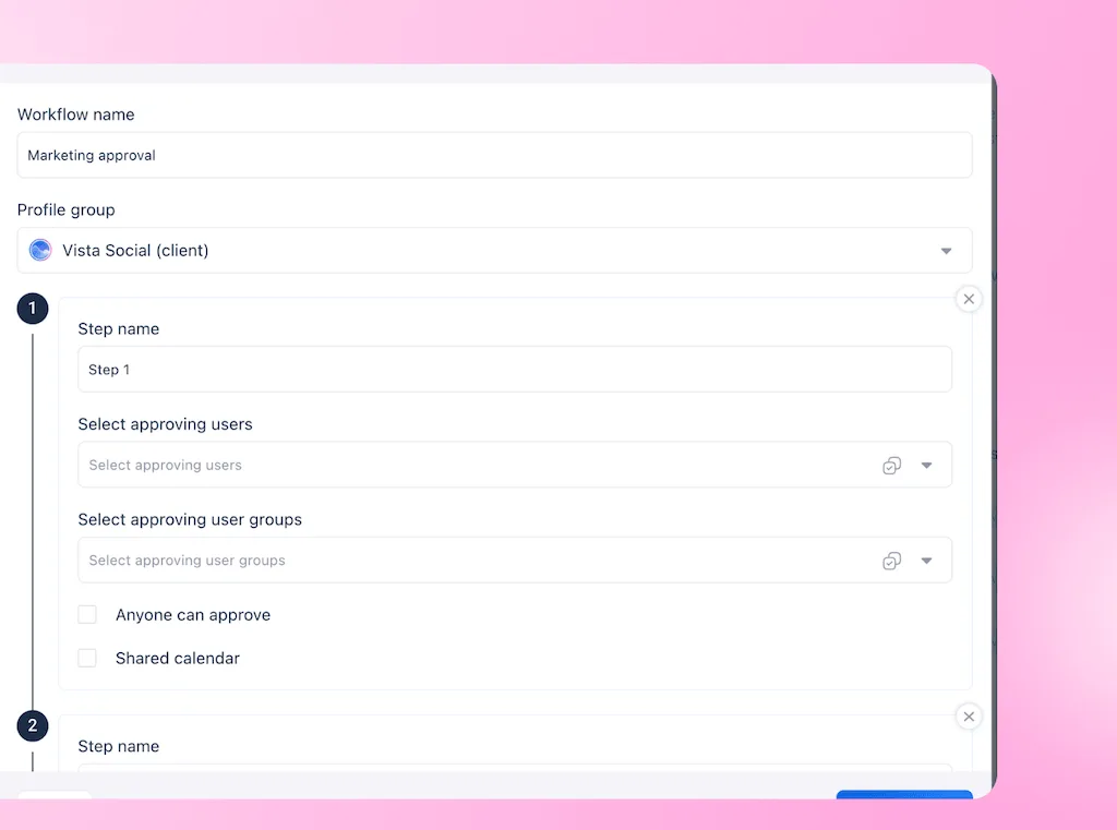 The "Create approval workflow" configuration window showing fields for a marketing approval setup in Vista Social.