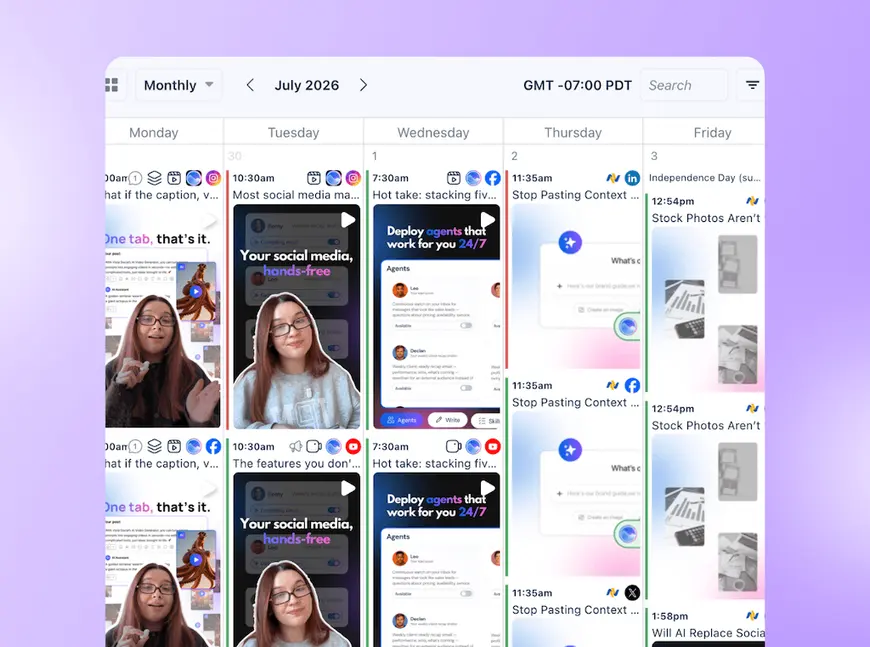 The monthly content calendar view in Vista Social displaying scheduled posts across multiple connected channels.